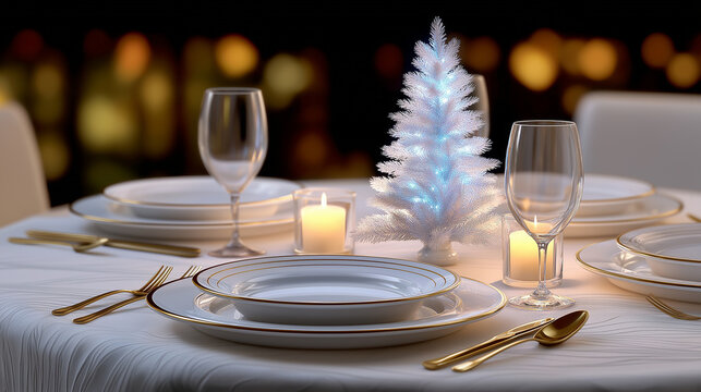 Elegant christmas or new year's eve dinner setting featuring white plates with gold rims. Golden cutlery. Illuminated miniature white christmas tree - Powered by Adobe