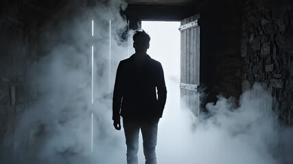 A silhouette of a person standing in a mysterious foggy doorway with steam or smoke surrounding them, creating an atmospheric and intriguing scene