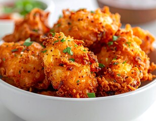 Close-up of fried food in a white bowl, garnished with parsley