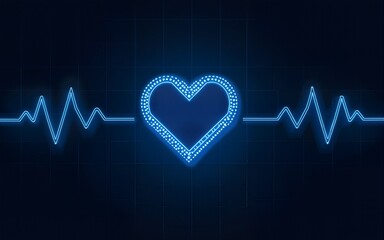 Tech illustration of dotted heart, heartwave on digital grid. Futuristic tech, innovation meet medical science, cardiology, healthcare. Blue, cyan colors on dark background. Modern digital