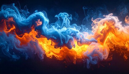 Abstract waves of blue and orange smoke blending together in a dark space, creating dynamic visual effects