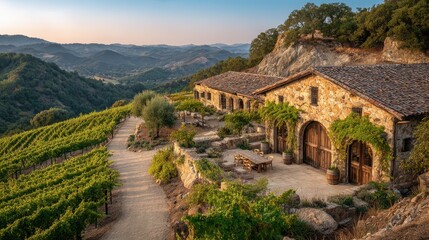 Serene vineyard scene featuring a traditional stone winery and courtyard with barrels