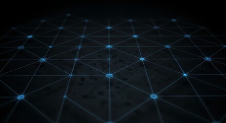 Abstract digital network grid with glowing blue nodes and connecting lines on a dark background, representing data connections and technology.