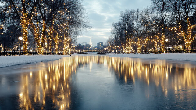 Snowy urban park canal lined with illuminated trees reflecting golden lights at dusk