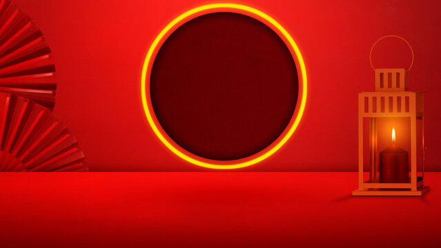 Red lantern with red Chinese folding fan on a colored background. Mockup, template, or copy space. Decoration for Lunar or Chinese New Year celebration