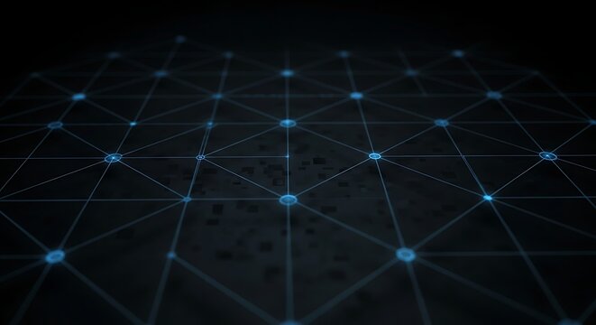 Abstract digital network grid with glowing blue nodes and connecting lines on a dark background, representing data connections and technology.