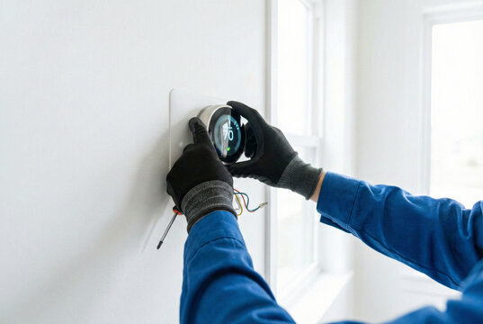 Technician installing smart thermostat on white wall