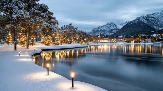 Snowy lakeside park with illuminated trees and warm reflections at twilight - Powered by Adobe