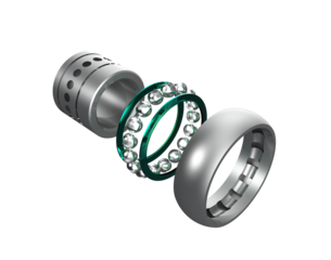 Abstract Technology Exploded Ball Bearing Isolation: High-Resolution 3D Render of Precision Rotating Movement Mechanical Element with Inner Ring, Outer Ring, and Lubrication Cage Detail.