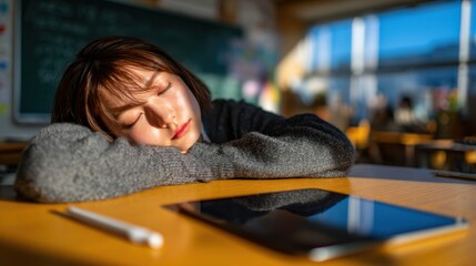 Schoolgirl Resting on Desk with Stylus and Tablet in Classroom