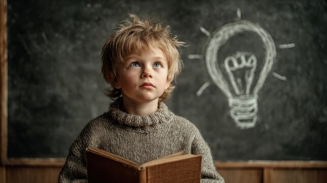 Boy Thinking with Book Near Chalkboard with Lightbulb Doodles