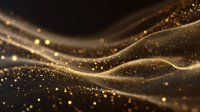 Shimmering gold particles form wave patterns over a rich textured field with depth and subtle reflections