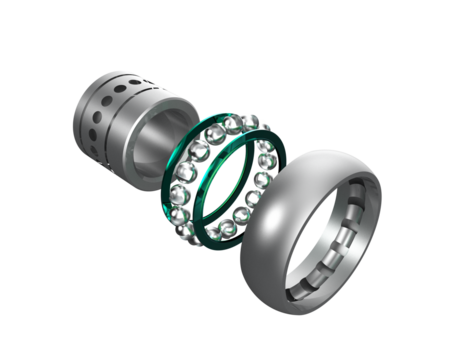 Abstract Technology Exploded Ball Bearing Isolation: High-Resolution 3D Render of Precision Rotating Movement Mechanical Element with Inner Ring, Outer Ring, and Lubrication Cage Detail.