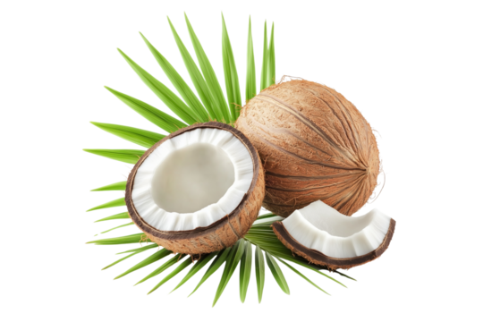 Whole and Halved Coconut with Palm Leaf Isolated on Transparent Background. Tropical Coconut Set with Palm Leaf PNG Isolated.