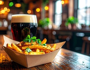 Close-up of fries and stout with a bokeh background in a dim restaurant