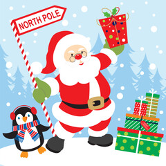 Christmas card with santa, penguin and gifts