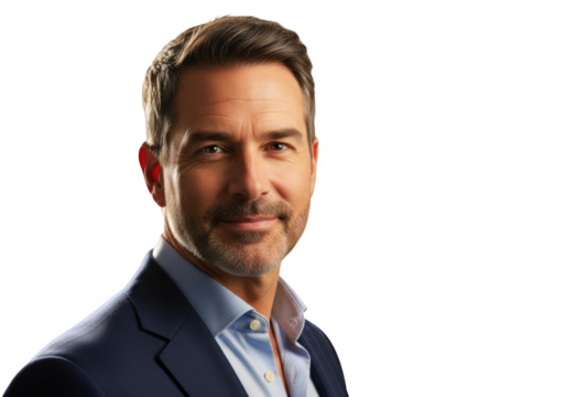 headshot, close-up portrait, serious expression, business attire, blazer, blue shirt, tidy hairstyle, clean-shaven, photorealistic, cinematic lighting, high quality, detailed, intricate, digital paint