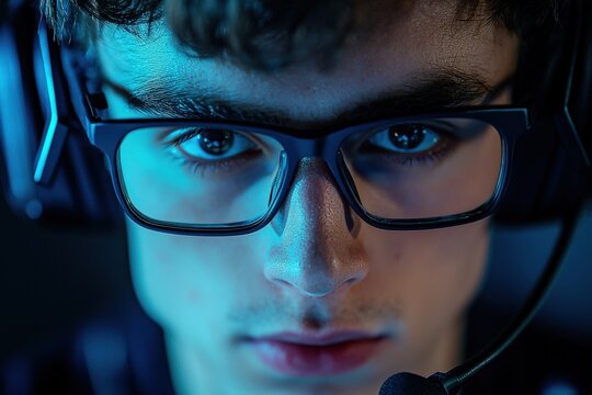 A professional esports gamer competing in a global tournament, intense focus, high-tech setup