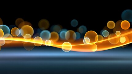 Abstract background with glowing bokeh circles in orange and blue, and a luminous orange wave flowing across a dark, blurred foreground.
