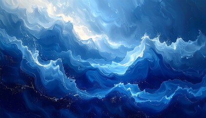 Abstract waves of blue and white, resembling ocean or clouds, in a fluid, painterly style