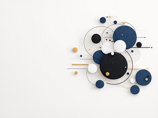 A minimalist abstract composition featuring overlapping circles of various sizes and colors (black, white, navy blue, gold) connected by thin black and gold lin