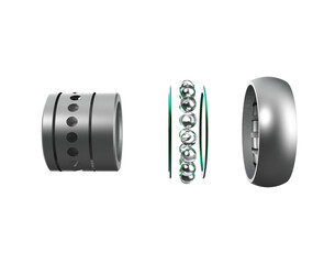 Abstract Technology Exploded Ball Bearing Isolation: High-Resolution 3D Render of Precision Rotating Movement Mechanical Element with Inner Ring, Outer Ring, and Lubrication Cage Detail.