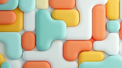 A seamless pattern of abstract, rounded geometric shapes in pastel colors like orange, yellow, teal, and white, with soft, diffused lighting creating a gentle m