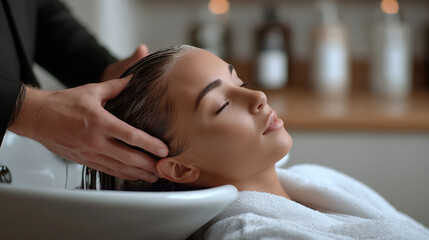 Woman enjoying hair wash at salon, eyes closed, peaceful expression, professional hands massaging scalp, modern interior, soft lighting