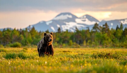 A brown bear stands in a grassy field with mountains and forest in the background at sunset