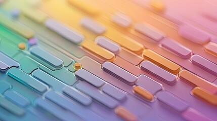 A close-up, abstract 3D render of rounded rectangular shapes arranged in a grid pattern, illuminated by a soft, colorful gradient light.