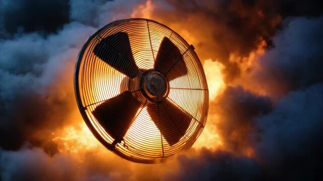 Industrial Fan Rotating Amidst Fiery Clouds and Smoke Dramatic Lighting Effects