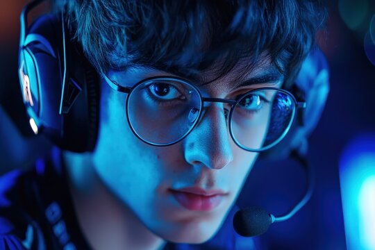 A professional esports gamer competing in a global tournament, intense focus, high-tech setup