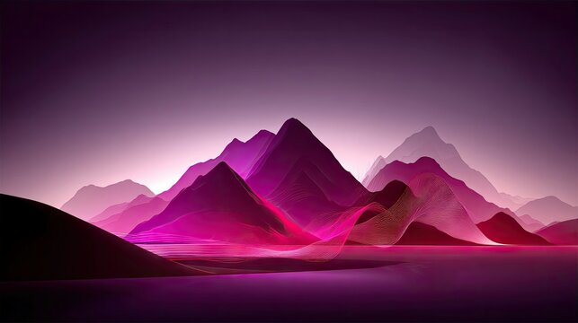 A surreal, abstract mountain range rendered in vibrant neon pink and deep purple colors, with a glowing horizon suggesting dusk or dawn. The landscape features