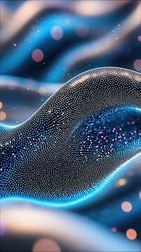 An abstract digital artwork featuring a flowing wave shape composed of numerous small, glowing particles. The background is blurred with soft bokeh lights in sh