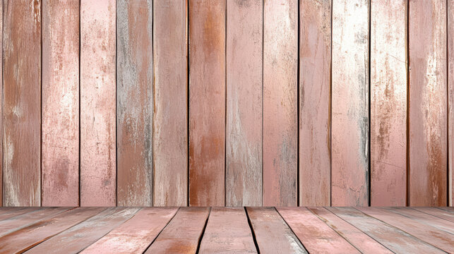 Worn pink wooden wall and floor with rustic texture and soft warm mood