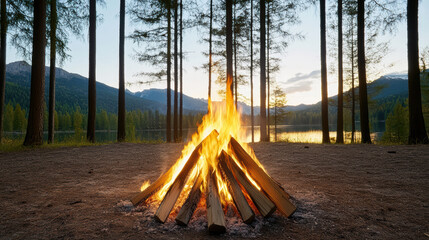 Campfire forest lake sunset mountain view warm glow