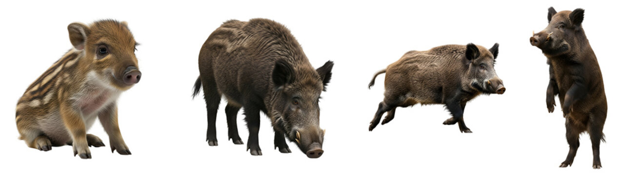 Four wild boars in different poses against a plain backdrop showing various stages of life cycle on transparent background