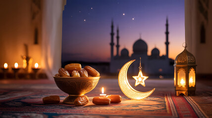Islamic Crescent Moon with Dates and Mosque at Sunset