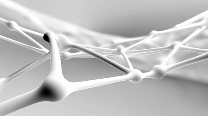 A close-up, abstract 3D render of interconnected white nodes and lines, resembling a neural network or molecular structure, set against a soft, diffused white b
