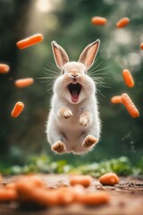 Bunny jumps joyfully in spring surrounded by fresh carrots