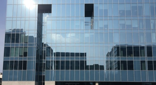 A modern office building with reflective glass windows, featuring a sunlit sky and a clear blue sky.