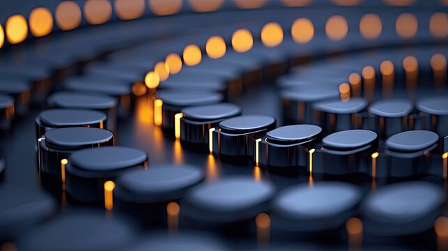 A close-up, abstract view of a circular pattern of dark, oval-shaped objects with glowing orange lights in the background, creating a futuristic and technologic