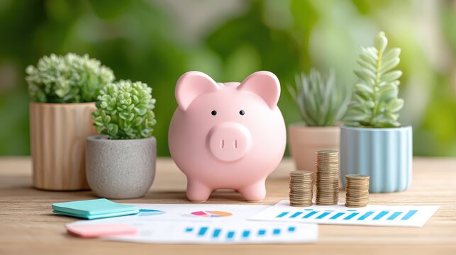 Financial Literacy A vibrant financial tableau unfolds a piggy bank its belly brimming with coins stands sentinel on a polished table flanked by charts