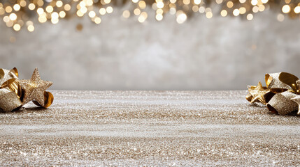Gold glitter star ornament on sparkling surface with warm bokeh lights
