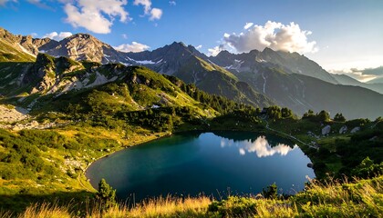 Alpine lake surrounded by green hills and snow-capped peaks under a blue sky with clouds. Sunlight. Beautiful vista