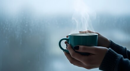 Hands holding steaming teal mug against rainy window image
