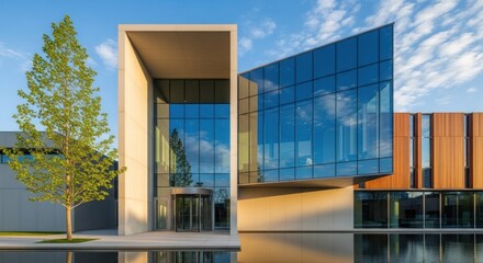 A modern, glass and concrete building with a reflective pool in front, set against a clear blue sky with scattered clouds.