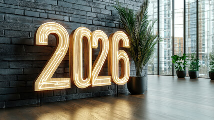 2026 glowing neon sign indoor with potted plants and city view