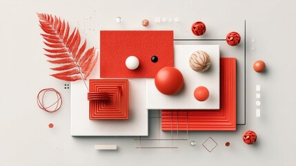 A still life arrangement of red geometric shapes, spheres, and a fern leaf on a neutral background, creating a minimalist abstract composition.