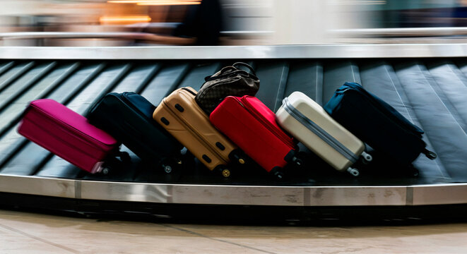 Various colorful suitcases and luggage moving along a blurred airport baggage carousel conveyor belt in motion